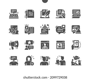 Blog. Content searching. Streaming, rating, profile, add user, blogger. Communication and network. Vector Solid Icons. Simple Pictogram