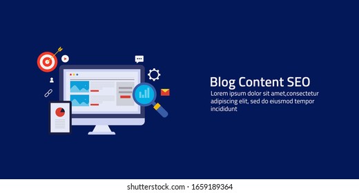 Blog content SEO, Blog SEO, Content marketing, Blog optimization - vector illustration with icons and texts