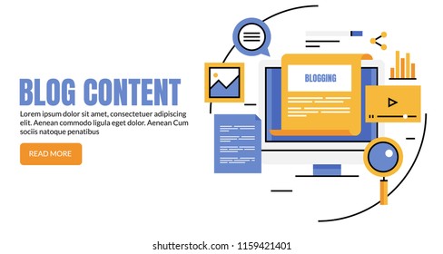 Blog content writing, blogging, content for social media flat line vector banner with icons and texts