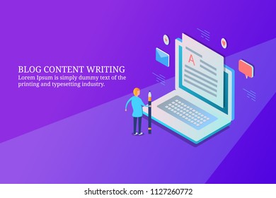 Blog content writing, blog optimization, content marketing - 3D isometric vector illustration with icons and texts