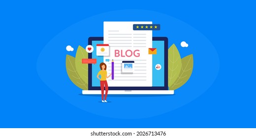 Blog content writing, woman developing blog content, writing content online, blog publication, online journal - flat design vector illustration with icons and character