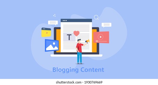 Blog contents, sharing blog post, blog content writing, social media influencer, blog marketing - conceptual flat design vector illustration with icons and characters