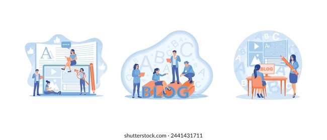 Blog creation. Develop blogging media on social media. Create blog articles on the computer. Blog concept. Set flat vector illustration.