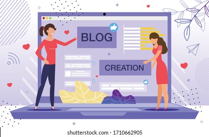 Blog Creation, Starting Personal Lifestyle Vlog, Live Video Streaming Channel Launch Concept. Women Creating Webpage, Pasting Banner at Site, Planning Landing Page View Trendy Flat Vector Illustration