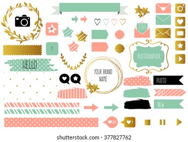 Blog design set with ribbons, stickers, logos, frames, borders and bottoms. Golden, olive, purple colors. Design elements for website, journal