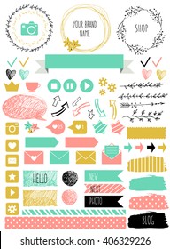 Blog design set with ribbons, stickers, logos, frames, borders and bottoms. Golden, blue, pink colors. Design elements for website, journal