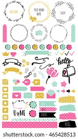 Blog design set with ribbons, stickers, logos, frames, borders and bottoms. Golden, blue, pink colors. Design elements for website, journal, wedding card