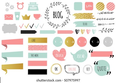 Blog design set with ribbons, stickers, logos, frames, borders and bottoms. Golden, blue, pink colors. Design elements for website, journal