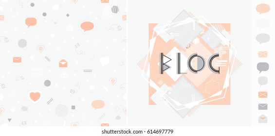 Blog design set . Stickers, logo, bottoms and seamless pattern under mask.
Cute vector design elements for website. Trendy style.