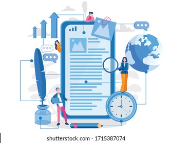 Blog edit, new post in social media, smartphone. Vector illustration for web banner, infographics, mobile. Research promotion for SEO or marketing. 