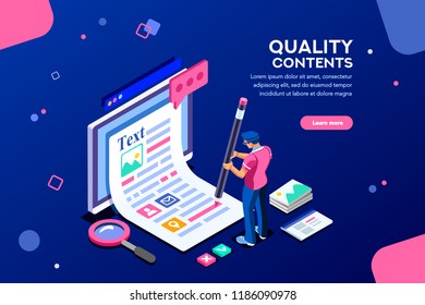 Blog Edit, Post Infographic With Pencil. Research Promotion For Seo Content Or Marketing. Create Education Concept With Characters And Text. Flat Isometric Images, Vector Illustration.