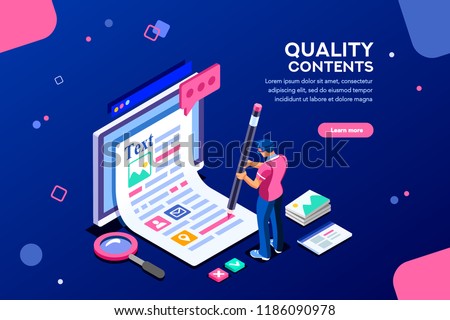 Blog edit, post infographic with pencil. Research promotion for seo content or marketing. Create education concept with characters and text. Flat isometric images, vector illustration.