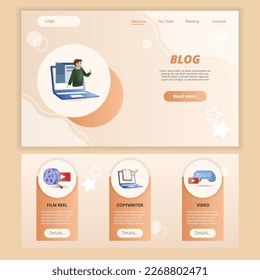 Blog flat landing page website template. Film reel, copywriter, video. Web banner with header, content and footer. Vector illustration.