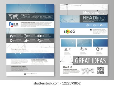 Blog graphic business templates. Page website design template, easy editable abstract vector layout. Geometric blue color background, molecule structure, science concept. Connected lines and dots