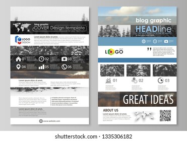 Blog graphic business templates. Page website design template, easy editable vector layout. Abstract landscape of nature. Dark color pattern in vintage style, mosaic texture.