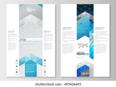 Blog graphic business templates. Page website design template, easy editable, flat layout. Abstract triangles, blue and gray triangular background, modern polygonal vector.