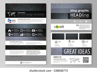 Blog graphic business templates. Page website design template. Colorful dark background with abstract lines. Bright color chaotic, random, messy curves. Colourful vector layout.