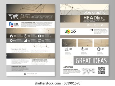 Blog graphic business templates. Page website design template, easy editable abstract vector layout. Technology, science, medical concept. Golden dots and lines, cybernetic digital style. Lines plexus