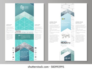 Blog graphic business templates. Page website design template, easy editable abstract vector layout. Chemistry pattern, hexagonal molecule structure on blue. Medicine, science and technology concept