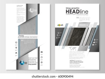 Blog graphic business templates. Page website design template, easy editable, flat layout. Abstract 3D construction and polygonal molecules on gray background, scientific technology vector.