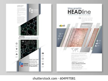 Blog graphic business templates. Page website design template, vector layout. Chemistry pattern, molecular texture, polygonal molecule structure, cell. Medicine, science, microbiology concept.