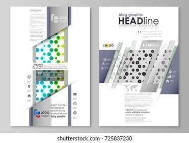 Blog graphic business templates. Page website template, abstract vector layout. Chemistry pattern, hexagonal design molecule structure, scientific, medical DNA research. Geometric colorful background.