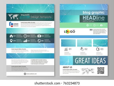 Blog graphic business templates. Page website design template, editable abstract vector layout. Chemistry pattern, connecting lines and dots, molecule structure, medical DNA research. Medicine concept