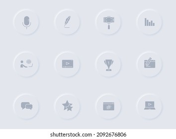 blog gray vector icons on round rubber buttons. blog icon set for web, mobile apps, ui design and promo business polygraphy