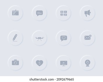 blog gray vector icons on round rubber buttons. blog icon set for web, mobile apps, ui design and promo business polygraphy