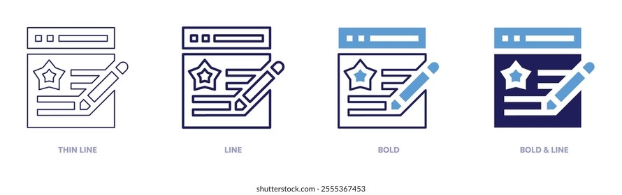 Blog icon in 4 different styles. Thin Line, Line, Bold, and Bold Line. Duotone style. Editable stroke.