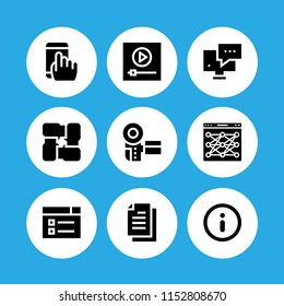 blog icon. 9 blog set with seo and web, information circular button symbol, content and video web vector icons for web and mobile app