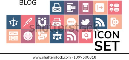 blog icon set. 19 filled blog icons.  Simple modern icons about  - Copywriter, Mobile, Blog, Yahoo, Comments, Rss, Comment, Feather pen, Content, Typewriter, Twitter, Send