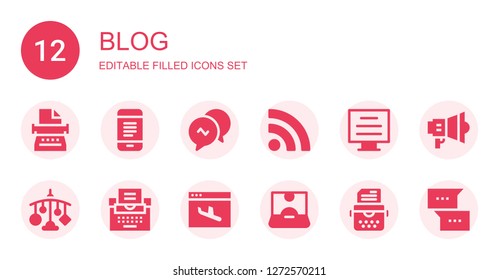 blog icon set. Collection of 12 filled blog icons included Typewriter, Mobile, Conversation, Rss, Blog, Landing page, Influencer, Marketing