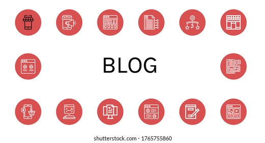 conjunto de iconos de blog. Colección de íconos móviles, testimoniales, de escritura, de mercado, de blogs, de medios sociales