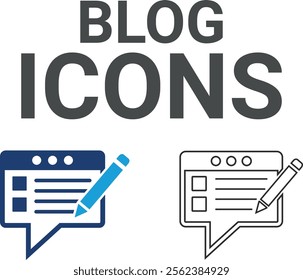 Blog icons, online community, media, website, blog, content, business marketing, and social network icons. Solid icon collection.