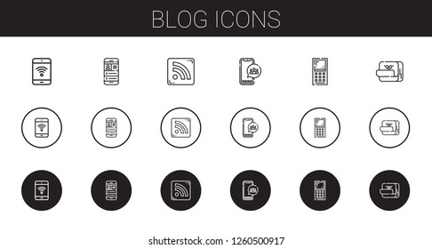 blog icons set. Collection of blog with mobile phone, rss feed, social media, post it. Editable and scalable blog icons.