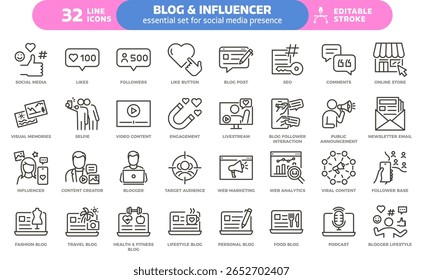 Conjunto de ícones de blog e influenciador. Linha fina editável ícones de traço para mídias sociais, criação de conteúdo, presença on-line, engajamento, blogs, marketing, seguidores e marca de estilo de vida