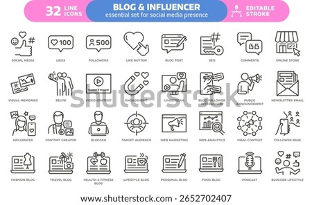 Blog and influencer icon set. Thin line editable stroke icons for social media, content creation, online presence, engagement, blogging, marketing, followers and lifestyle branding