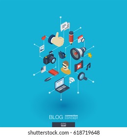 Blog integrated 3d web icons. Digital network isometric interact concept. Connected graphic design dot and line system. Background whith video content publish, post writing, follower. Vector Infograph