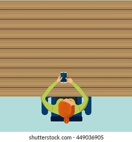 Blog and Internet concept represented by cartoon with his smartphone design. Colorfull and Flat illustration. 