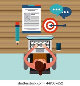 Blog and Internet concept represented by cartoon with his laptop design. Colorfull and Flat illustration. 