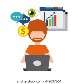 Blog and Internet concept represented by cartoon with his laptop design. Colorfull and Flat illustration. 