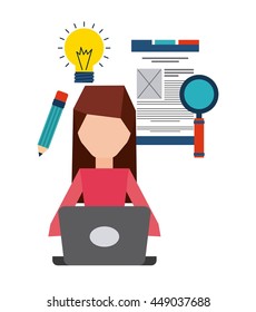 Blog and Internet concept represented by cartoon with his laptop design. Colorfull and Flat illustration. 