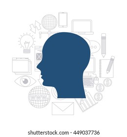 Blog and Internet concept represented by human head and media icons design. Colorfull and Flat illustration. 