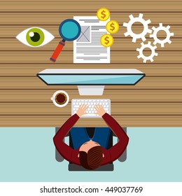 Blog and Internet concept represented by cartoon with his computer design. Colorfull and Flat illustration. 