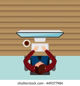 Blog and Internet concept represented by cartoon with his computer and cofffee mug design. Colorfull and Flat illustration. 