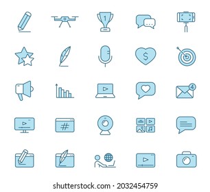 iconos vectoriales de línea de blog en dos colores aislados en fondo blanco. conjunto de iconos azul para diseño web, ui, aplicaciones móviles, poligrafía impresa y publicidad promocional