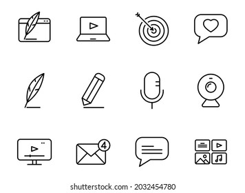 blog linear vector icons isolated on white. blogger icon set for web and ui design, mobile apps and print polygraphy and promo advertising business