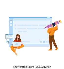 Blog Management Blogger Online Occupation Vector. Blog Management And Article Writing Man And Woman On Internet Web Site Page. Characters Blogging Social Media Flat Cartoon Illustration