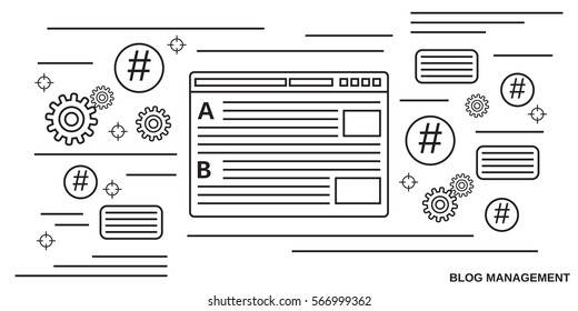 Blog management, internet blogging thin line art style vector illustration